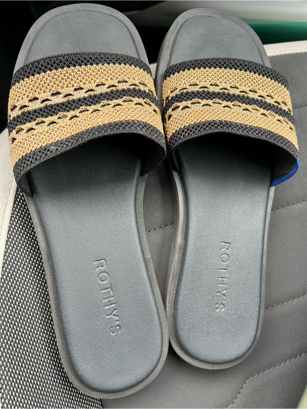 Rothy's Black and Tan Knit Slide Sandals